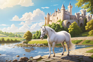 An illustration of a majestic white horse standing in the foreground with an enchanting fantasy castle in the distance