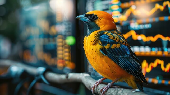 Vibrant parrot perches alertly against a backdrop of stock market screens