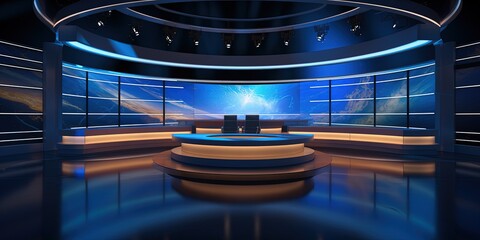 News, documentary, reporting program TV studio set. Tv or Cable new network live studio setup with...