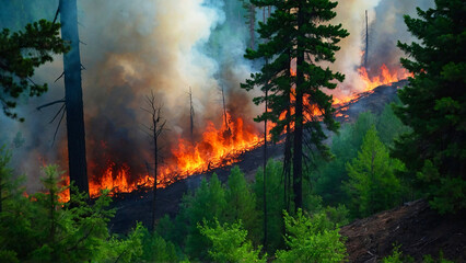 Intense wildfire rapidly consuming a dense pine forest, highlighting the devastating power of nature's fury
