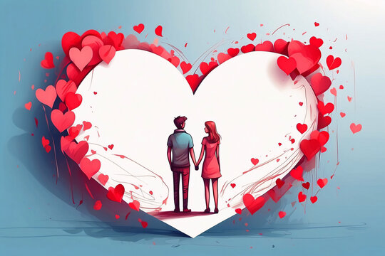 An illustrated image showing a couple from behind admiring a large heart surrounded by floating petals