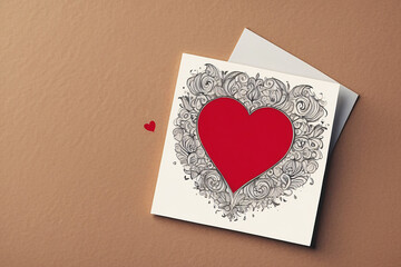 A red heart nestled within an intricate black and white doodle pattern on a love note