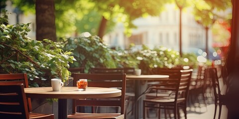 Obraz premium Outdoor table of coffee cafe and restaurant. Summer terrace on city street. Empty outside tables and chairs of outdoor cafe on blur green garden.