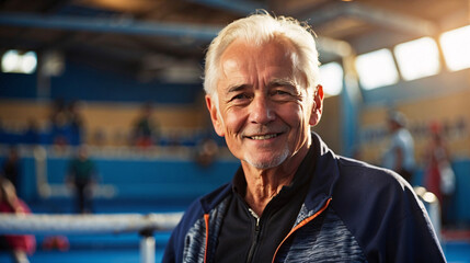 A cheerful elderly man with a positive attitude, standing at a sports arena as a coach or spectator, represents healthy aging and an active lifestyle - obrazy, fototapety, plakaty