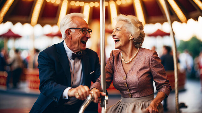 An older couple in formal wear share a nostalgic and tender moment on a vintage carousel ride