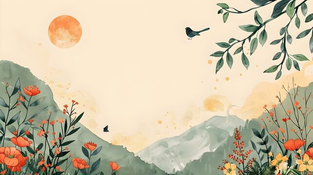 Hand Drawn Illustration of Nature Mountains, Flowers, and Bird in a Warm, Ethereal Scene
