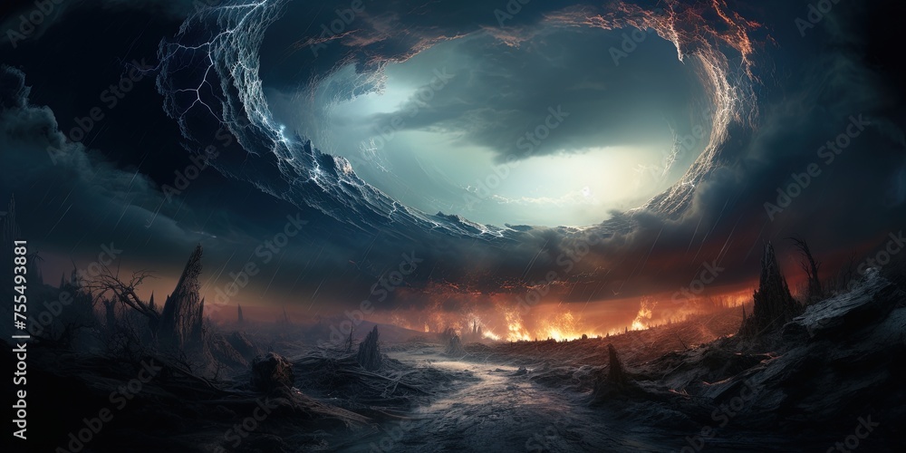 Poster rough path to destiny. an exit of a massive turbulence or vortex. a space storm or colossal stormfro