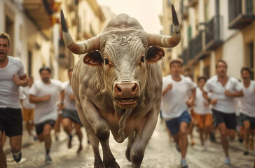 Thrilling bull run with people sprinting down a narrow street, capturing the intensity and tradition of the event. - obrazy, fototapety, plakaty