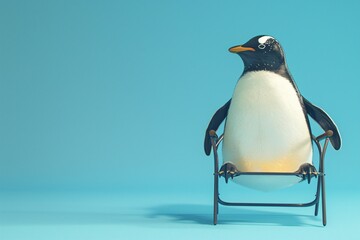 a penguin sitting on a small chair - obrazy, fototapety, plakaty