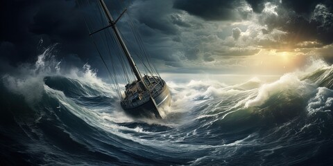 sailboat in the sea during storm - Powered by Adobe