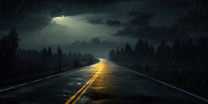 Road hazard ahead. rainy night. Rainy night on remote road.