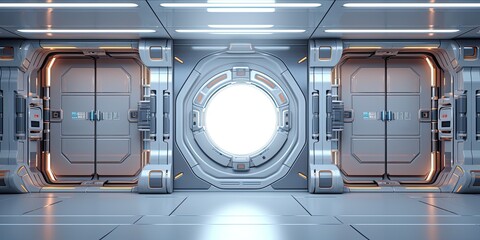 Space station or Sci-fi style futuristic facility external panel surface background. Exterior of scifi device. - obrazy, fototapety, plakaty