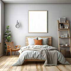 Cozy Bedroom with Wooden Furniture,grey walls,chairs wooden,bed with Interior Mockup with one white photo frame in the background