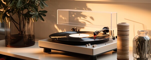 Stylish turntable with vinyl record on table