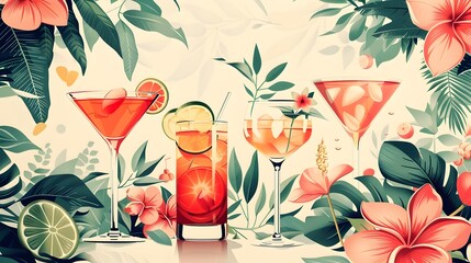 Elegant Tropical Cocktails Illustration with Exotic Floral Patterns and Soft Pastel Background