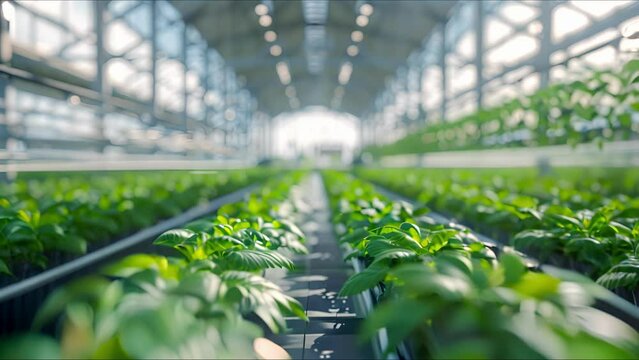 Large industrial greenhouse with fresh natural plants. Concept of growing healthy food, diet, vegetarianism and technology.