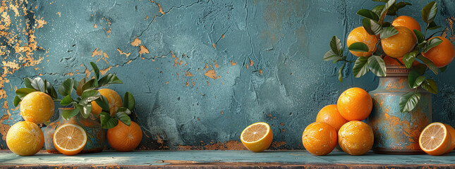 Fresh citrus fruits on rustic blue background with copy space.