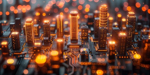 A 3D landscape of neon circuitry resembling a city at night, highlighting technological infrastructure 