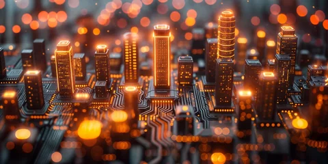 Crédence de cuisine en verre imprimé Brun A 3D landscape of neon circuitry resembling a city at night, highlighting technological infrastructure 