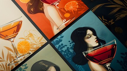 Elegant Cocktail Posters Art Deco Illustrations Featuring Women and Vibrant Drinks