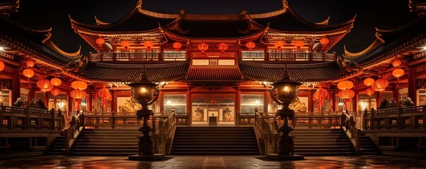 Fototapeta na wymiar Traditional Chinese Buddhist Temple illuminated
