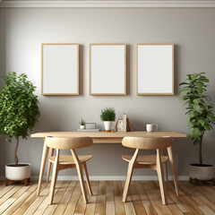 parents lounge room with elegant family with chairs wooden and comfortable wooden table, white walls, minimalist, daylight, Interior Mockup with three white photo frames in the background