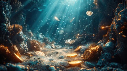 Fototapeta na wymiar Deep under the ocean, the ethereal light illuminates Bitcoin and other cryptocurrencies