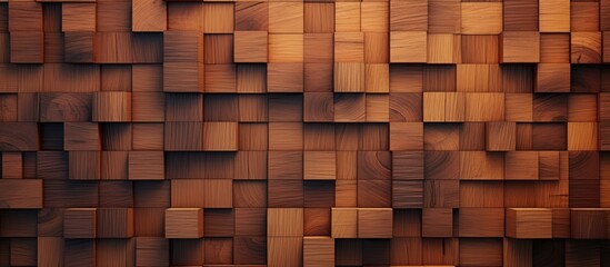 A modern wooden wall featuring a repetitive pattern of squares in various sizes and shades, creating a visually appealing textured surface.