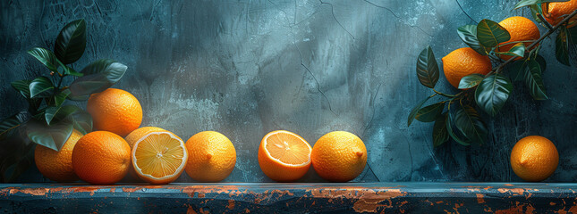 Fresh oranges with leaves on a blue textured background, panoramic still life.