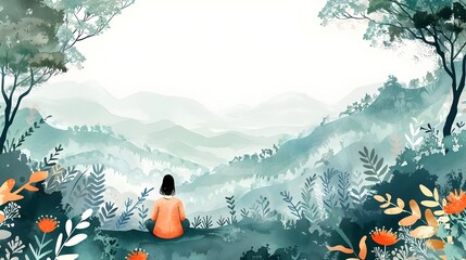 Yoga Retreat Invitation Tranquil Illustration of a Girl Practicing in a Secluded Forest Surrounded by Mountains