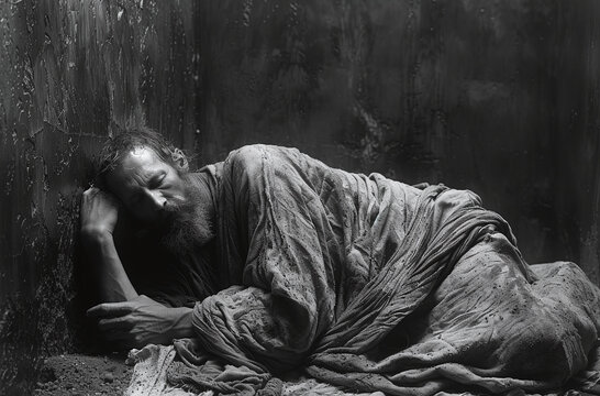 Black and white image of a person resting against a wall, wrapped in a cloth, depicting despair or homelessness.