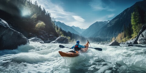 whitewater kayaking, down a white water rapid river in the mountains.