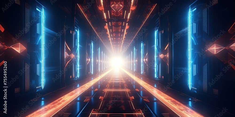 Poster a captivating abstract corridor with symmetrical patterns of neon lights leading forward