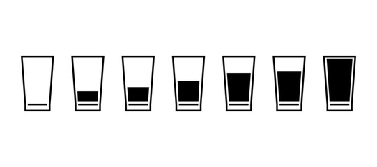 Glasses of water with different measure, icon set. Simple signs different levels of water. Full, half full, empty glass. Vector © Iuliia