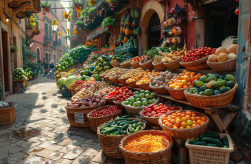 Colorful street market with fresh fruits and vegetables on display in baskets under sunlight.