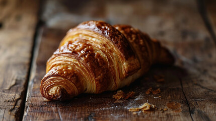 Golden Brown Flaky Croissant on a Rustic Wooden Table