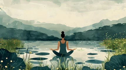 Foto op Canvas Modern Yoga Retreat Invitation Woman Meditating by a Lake in a Tranquil Nature Scene © phongsiri