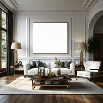 Modern living room with a comfortable sofa and light filled windows creates a stylish indoor space,white walls, luxury, morning, Interior Mockup with one white photo frames in the background