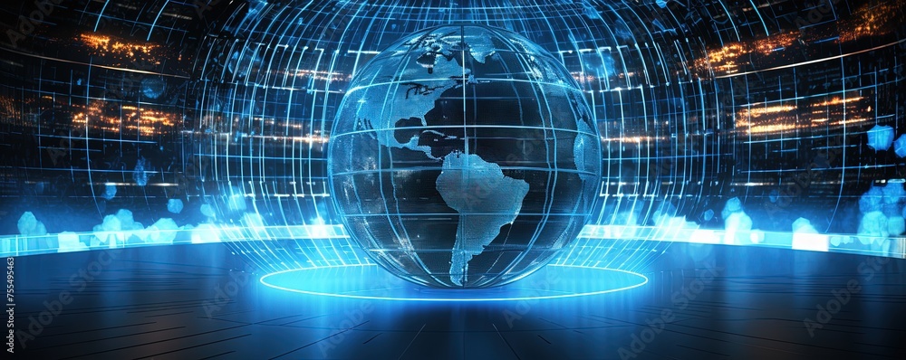 Poster a cybersecurity concept featuring a globe in the center surrounded by digital network lines, represe