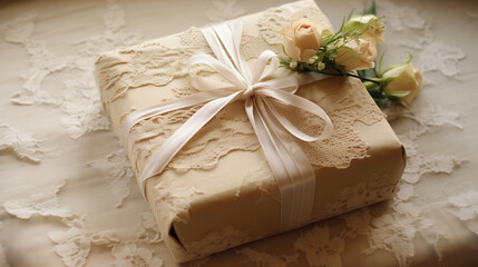 Elegance wrapped in tradition, a delicate gift adorned with lace and satin ribbon whispers of timeless grace