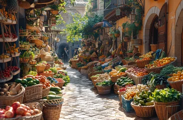 Schilderijen op glas Charming street market with fresh fruits and vegetables displayed in baskets along a narrow cobblestone alley, bathed in warm sunlight. © Gayan