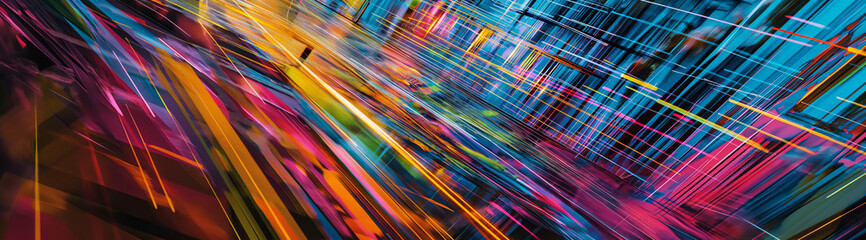 Abstract chaos of light and color streaks through the canvas, evoking the dynamism of urban nightlife
