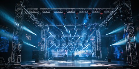 A Live stage production being built in a center stage type venue. Stage rigging equipment, lighting trusses, stairs and PA systems being carried in. - Powered by Adobe