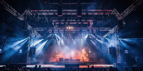 A Live stage production overhead trusses and lighting in a live venue. Stage rigging equipment.