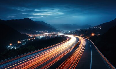 A long exposure photo of a highway at night.