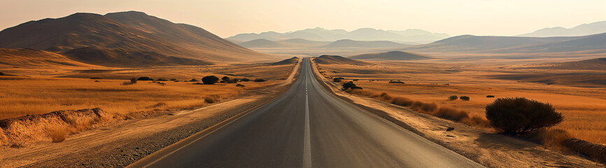 The open road stretches endlessly, cutting through the heart of the vast, golden desert landscape