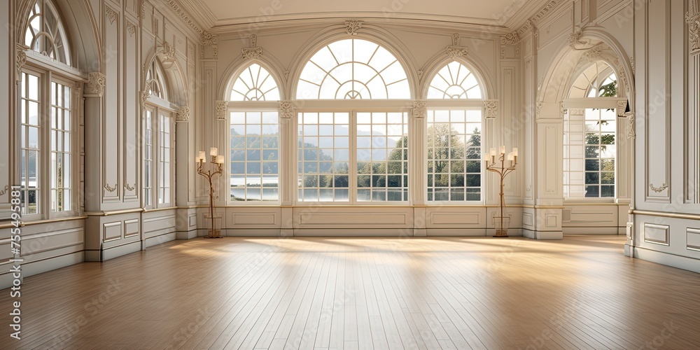 Poster a room with arched windows that allow warm natural light to flood in, illuminating the wooden floor 