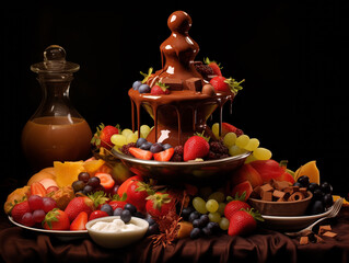 Indulgence cascades in a silky chocolate fountain surrounded by a bounty of fresh fruits