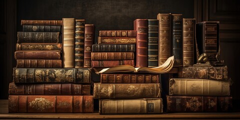 A Old ancient books, historical books. Collection of human knowledge concept. Wide format.