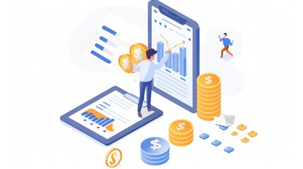 A character appears pushing a large coin towards a stack of coins a clipboard of data floated beside the stack of coins.